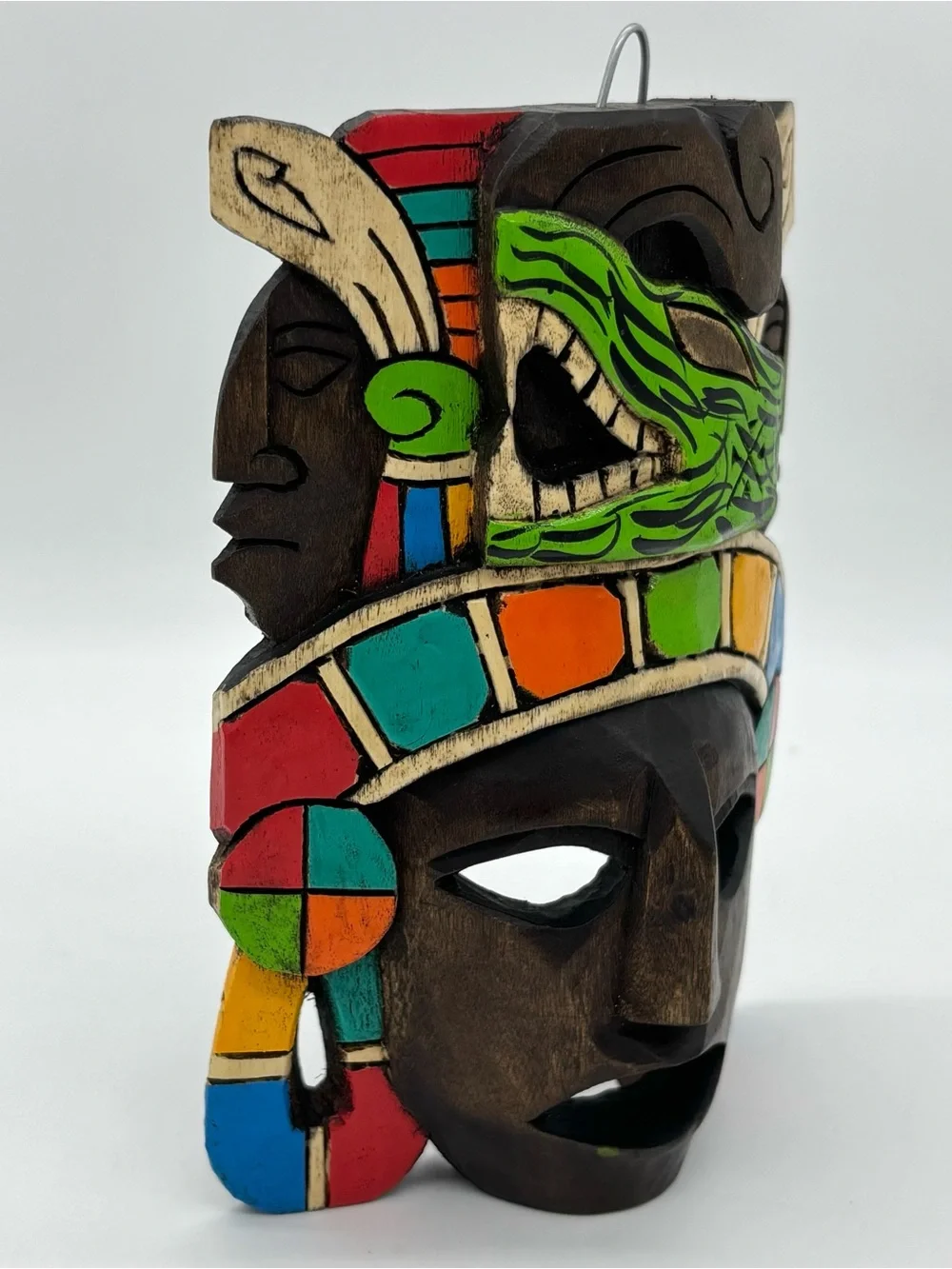 Hand Carved Wooden Mexican Mayan Face Mask Painted 3D Folk Art Wall Hanging Deco